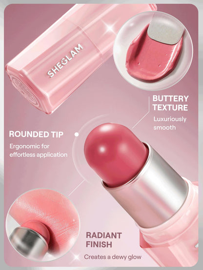 Close-up of the opened SHEGLAM Buttery Bliss Blush Stick in shade Painted Peony revealing the creamy texture.