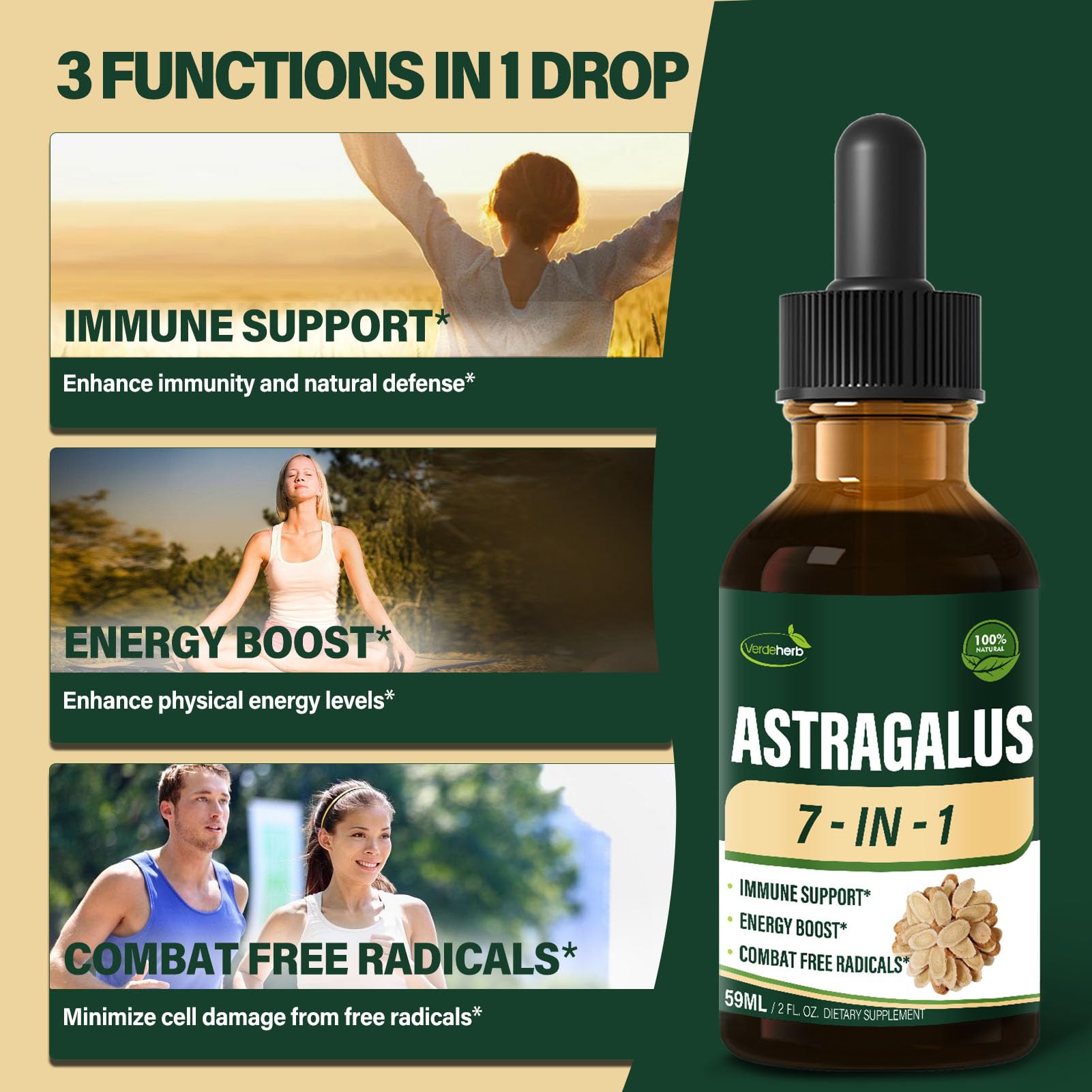 Verdeherb Astragalus 7-in-1 liquid supplement bottle illustrating the premium vegan and alcohol-free formula details.