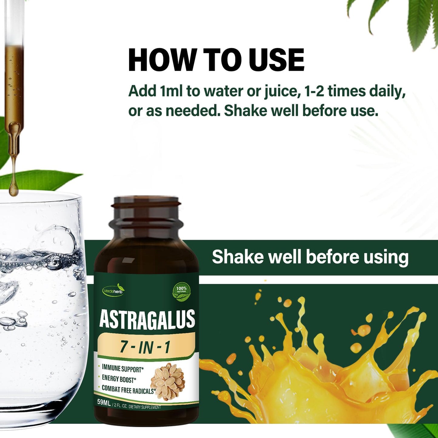 Verdeherb Astragalus liquid extract display highlighting its natural antioxidant and energy-boosting product attributes.