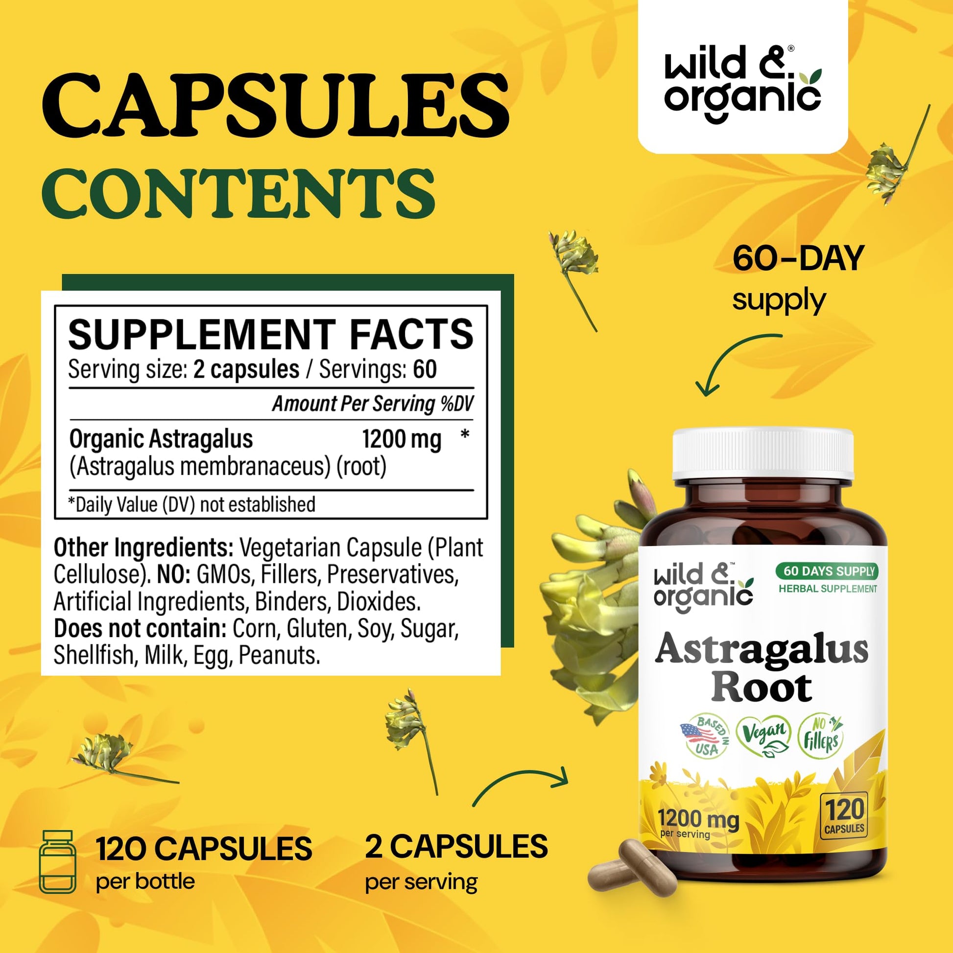 Vegan astragalus root capsules by Wild & Organic for seasonal wellness