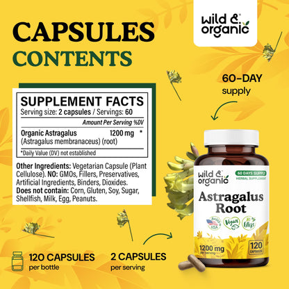 Vegan astragalus root capsules by Wild & Organic for seasonal wellness