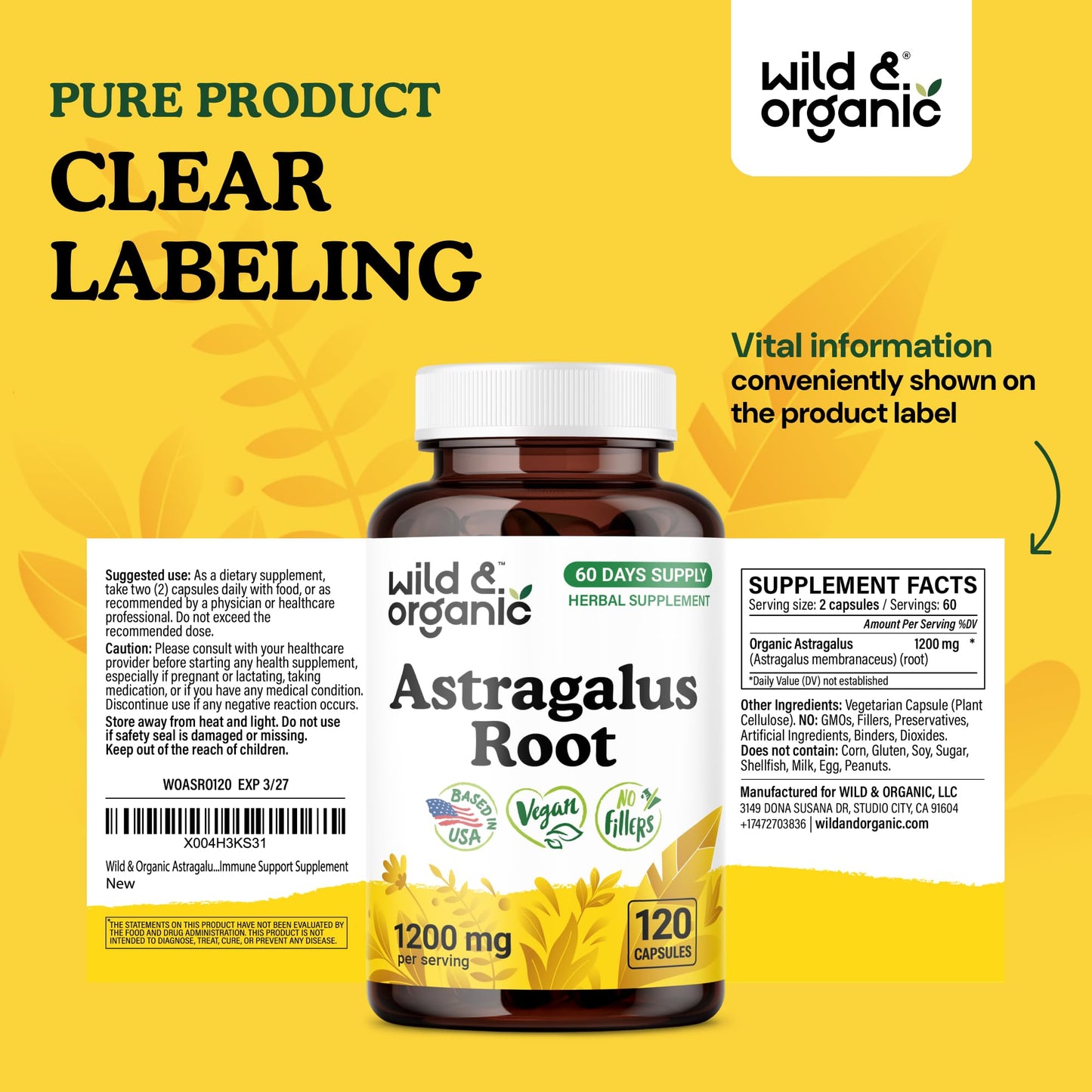Organic astragalus root 1200 mg pure vegan dietary capsules