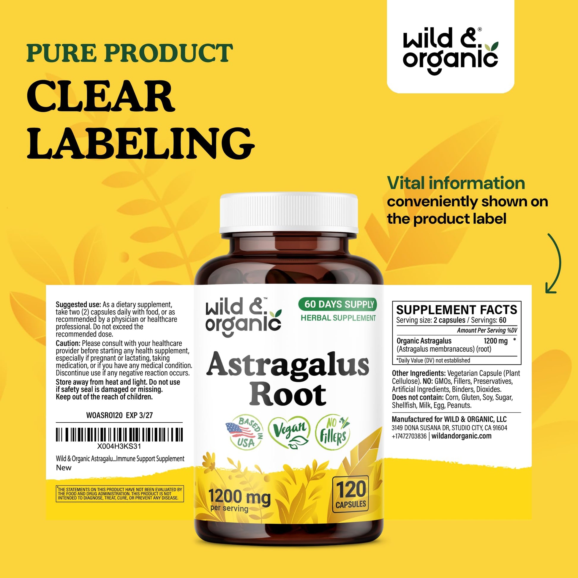 Organic astragalus root 1200 mg pure vegan dietary capsules