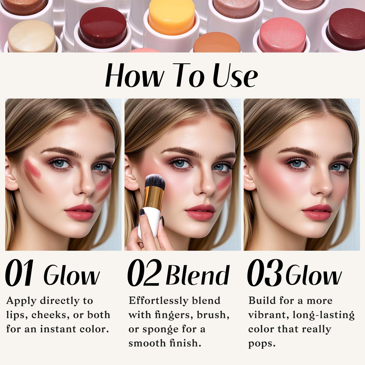 Flat-top synthetic makeup brush with a white handle and gold ferrule for blending face creams.