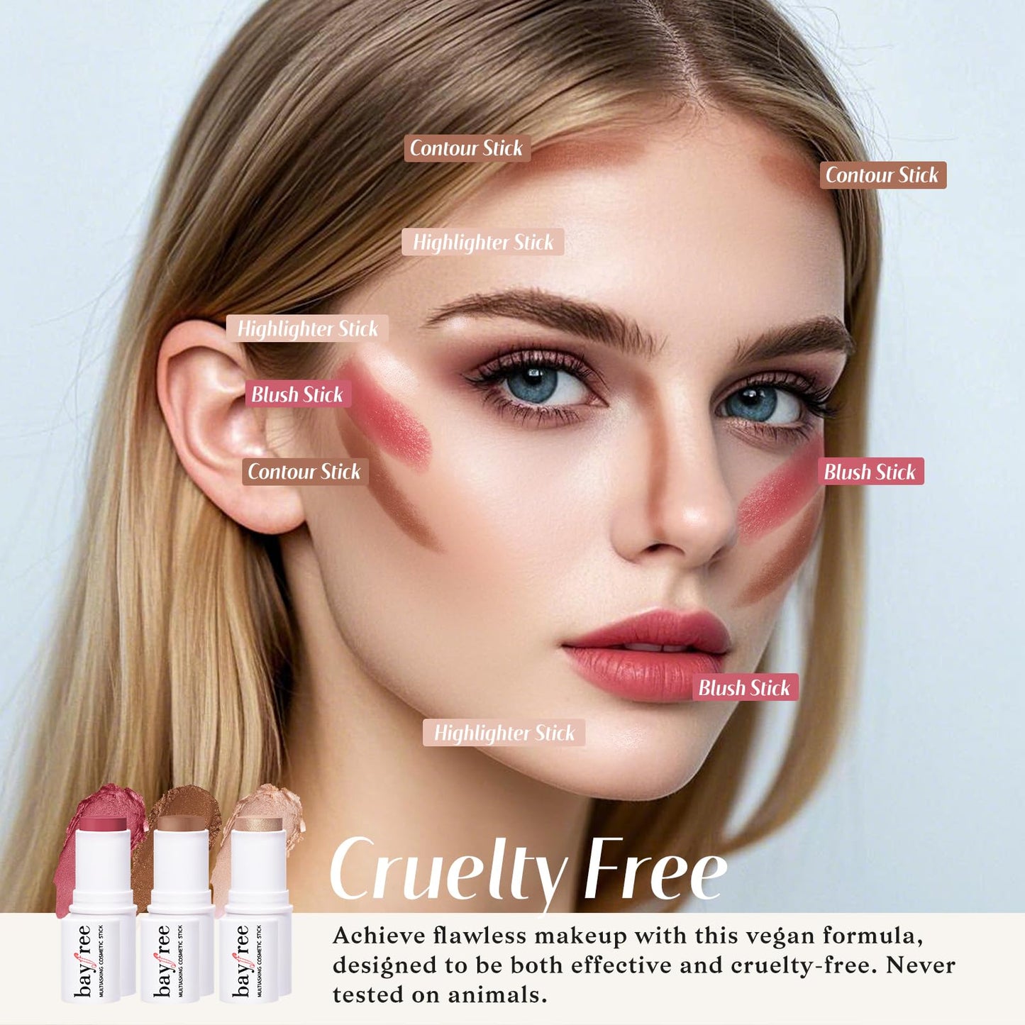 Swatches of the KIMUSE blush contour and highlighter formulas on skin demonstrating blendability.