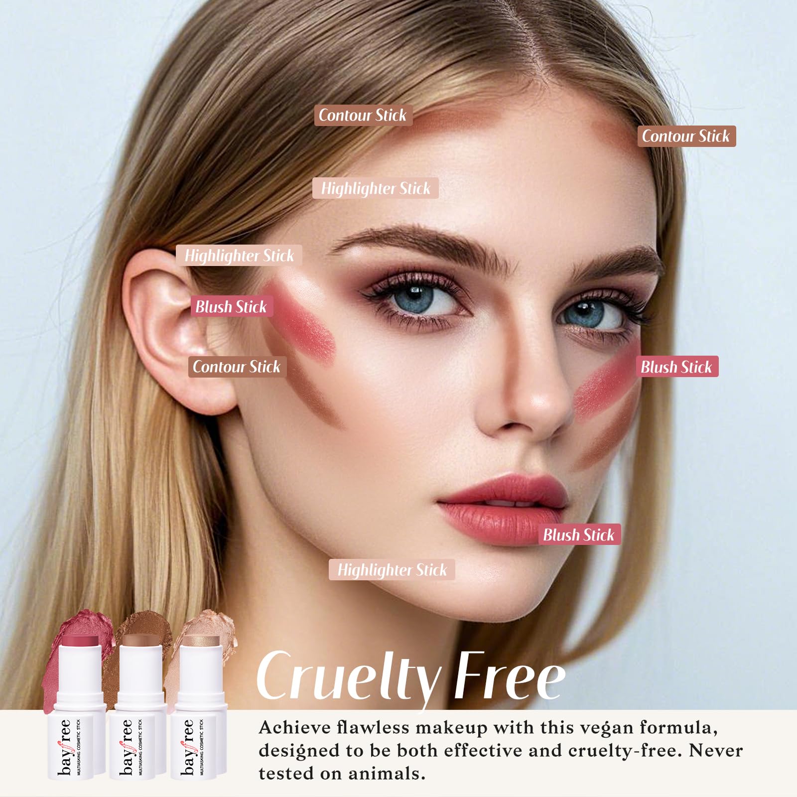 Swatches of the KIMUSE blush contour and highlighter formulas on skin demonstrating blendability.