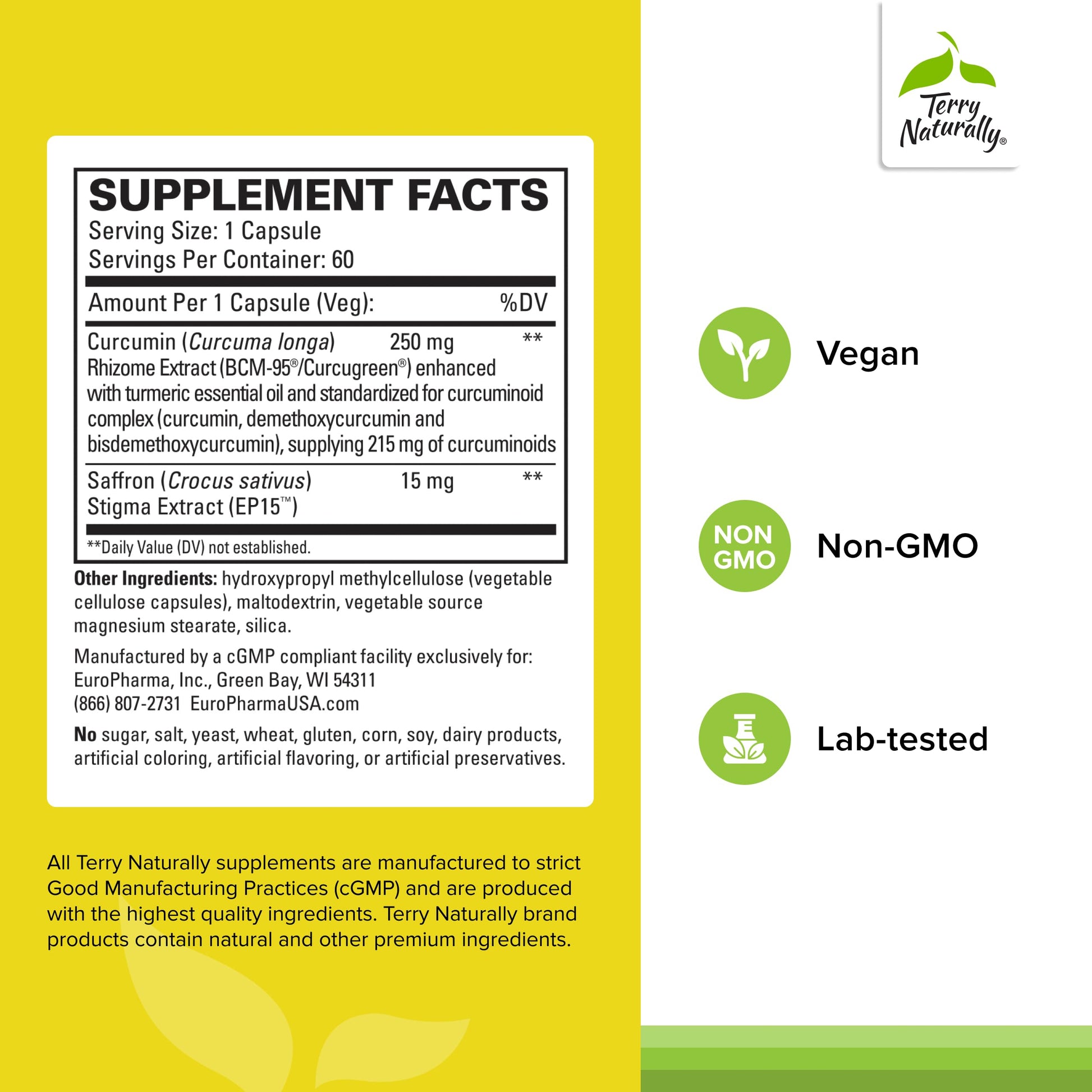 Terry Naturally Saffron Lift plus Curcumin bottle showing supplement facts