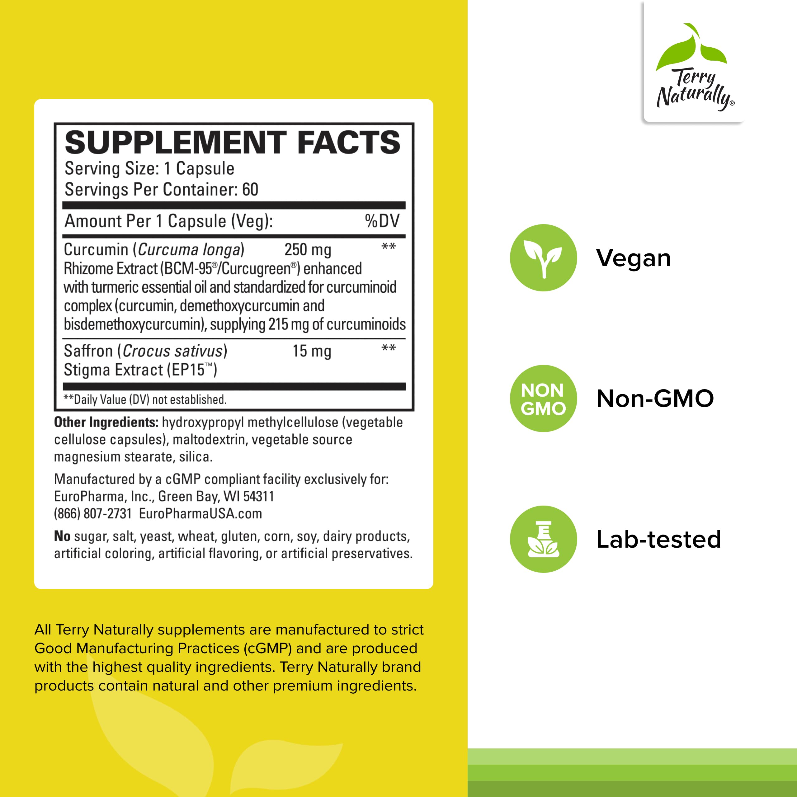 Terry Naturally Saffron Lift plus Curcumin bottle showing supplement facts