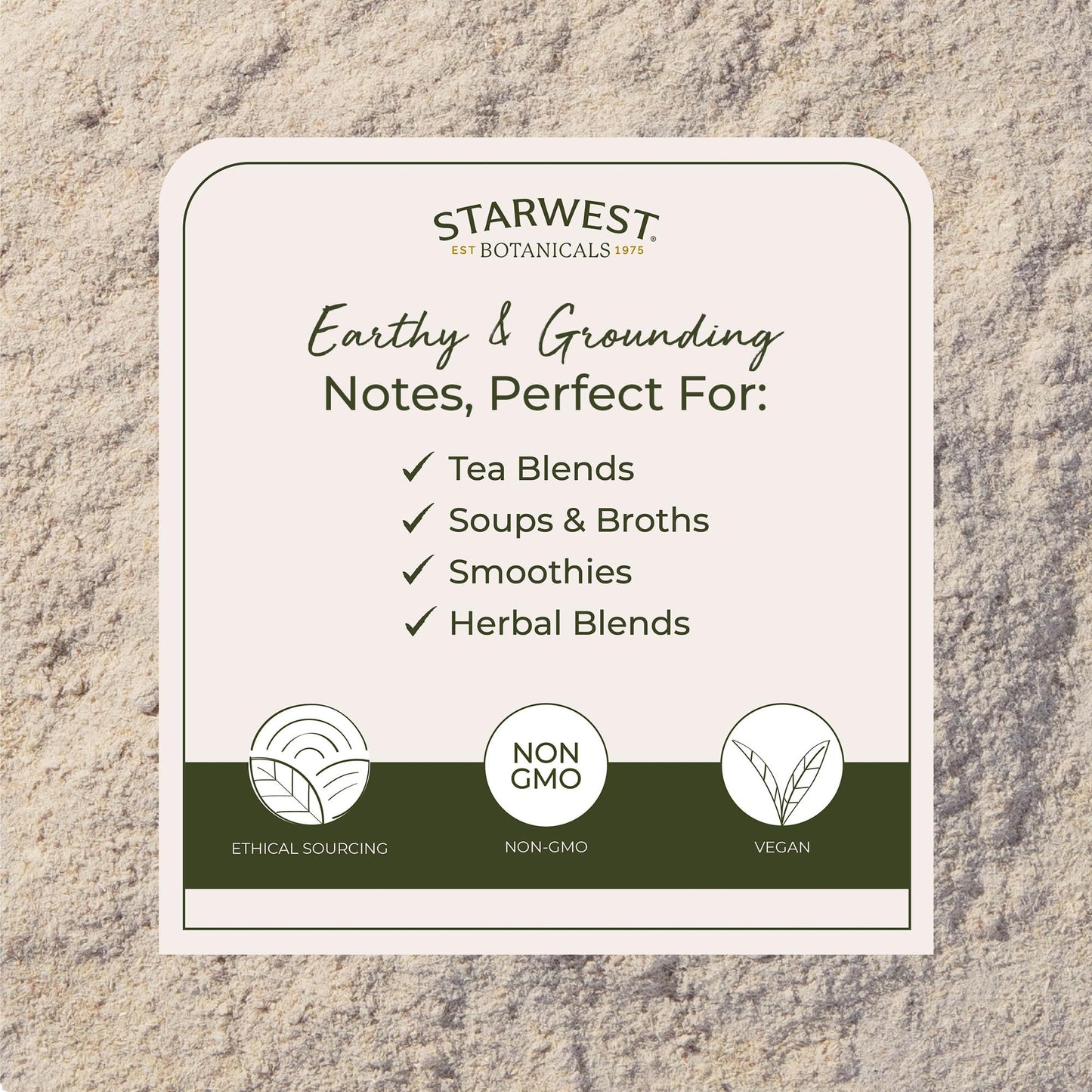Back label view of Starwest Botanicals bulk bag showing botanical ingredients and certification seals.