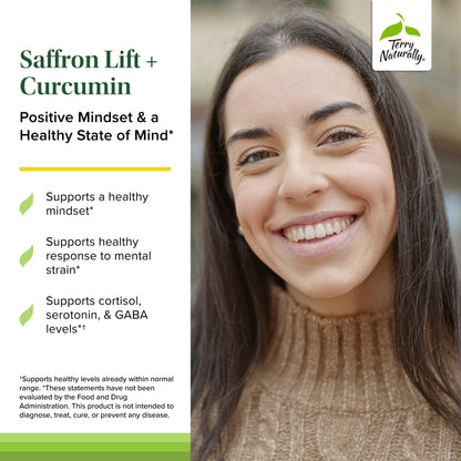 Close up of Terry Naturally Saffron Lift capsules branding