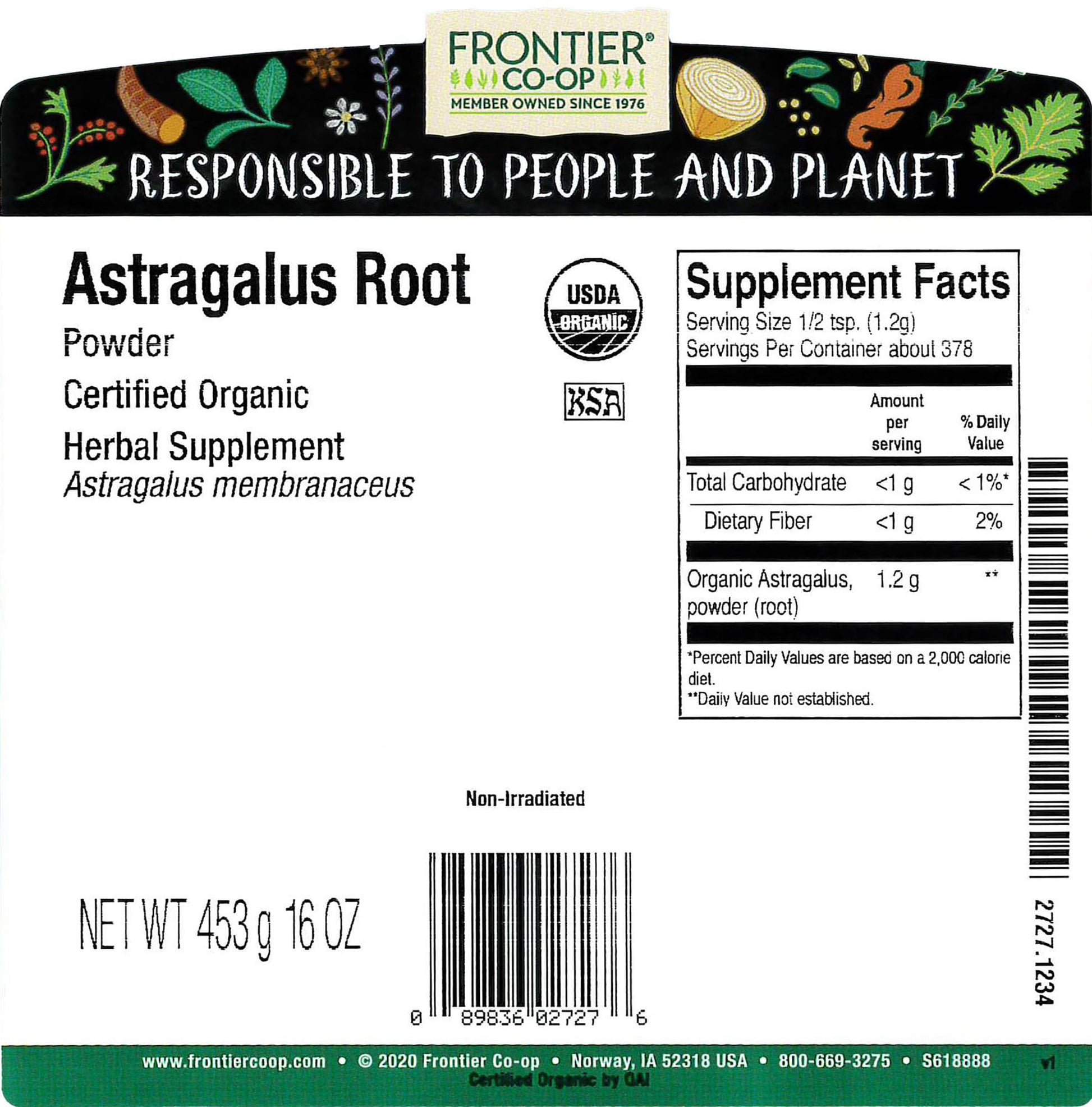 Frontier Co-op Astragalus Root Powder organic kosher certified supplement bag back label details