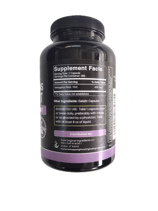Pure Original Ingredients Astragalus capsule bottle showing the back label with ingredients and extract strength details.