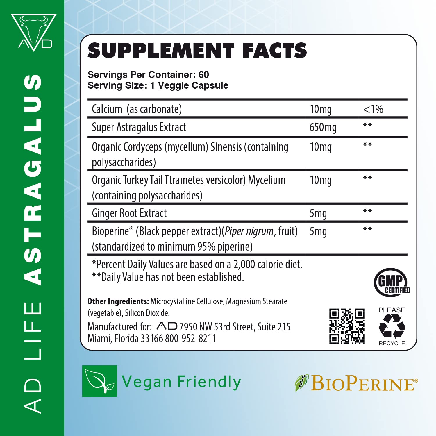 Project AD Astragalus 650 milligrams nutritional supplement facts and label breakdown