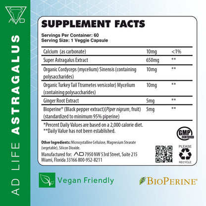 Project AD Astragalus 650 milligrams nutritional supplement facts and label breakdown
