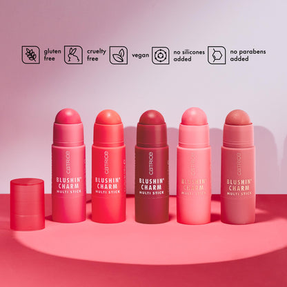 Catrice buildable dewy blush stick applied on lips and cheeks for a coordinated monochromatic look