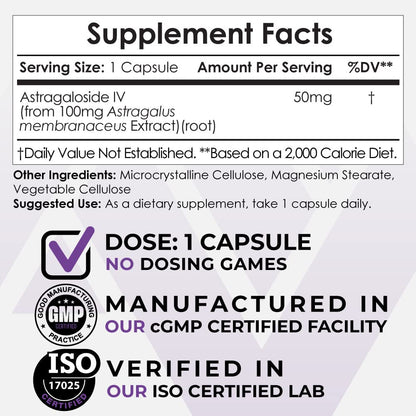 Nootropics Depot Astragalus membranaceus extract capsules supplement facts showing standardized ingredients.