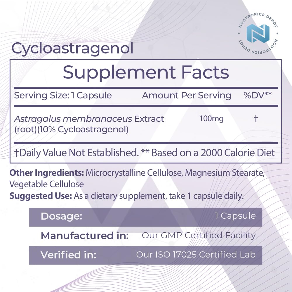 Side angle of Nootropics Depot Cycloastragenol showing serving sizes, nutritional facts, and standardization details clearly.