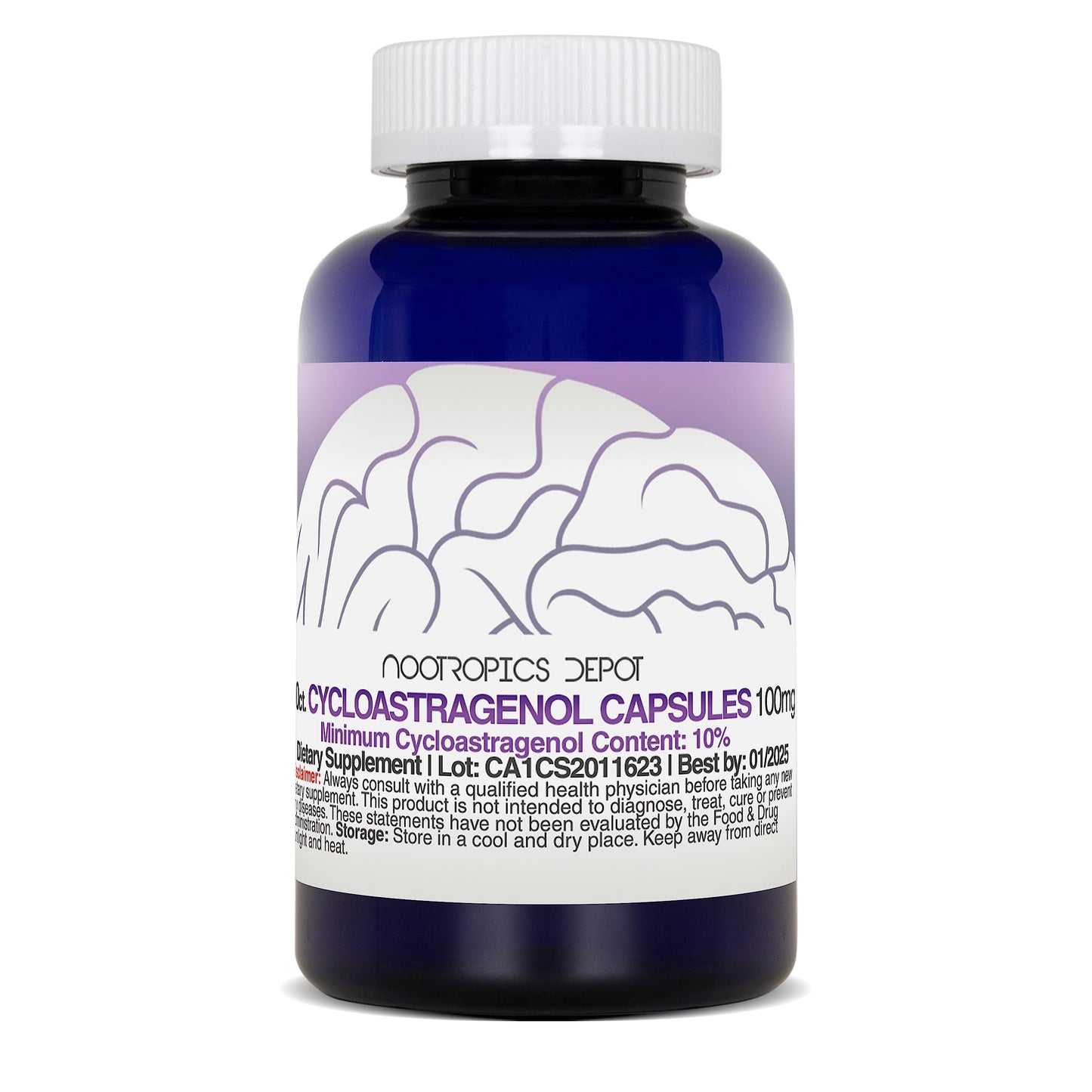 Close up of Nootropics Depot cellular health supplement displaying the product label, capsule count, and US manufacturing standards.