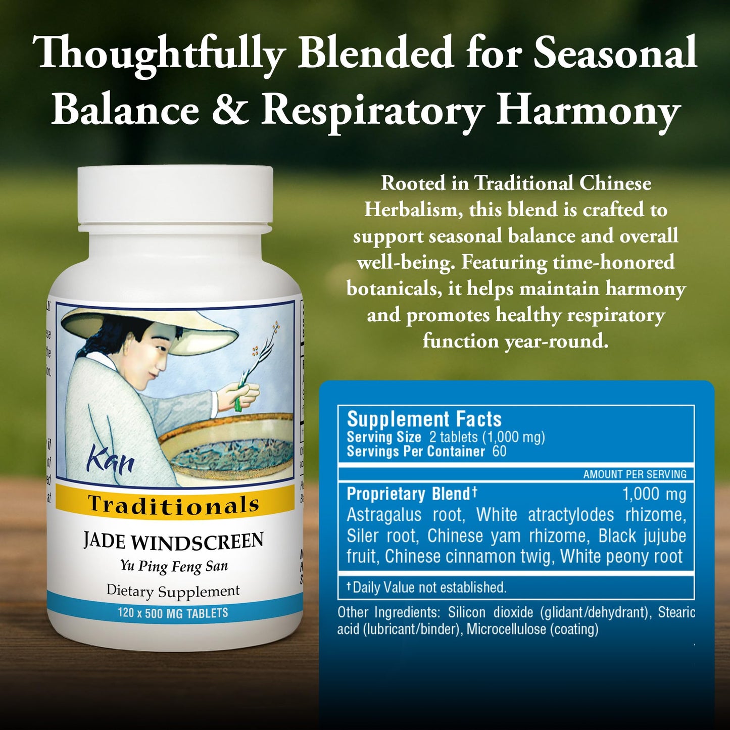 Imported Kan Herbs Jade Windscreen immune support supplement label details.