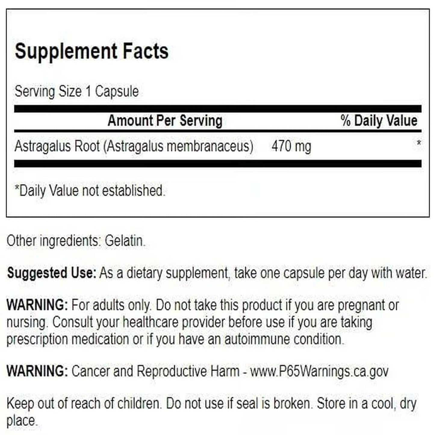 Swanson Full Spectrum Astragalus Root herbal supplement label facts and ingredients
