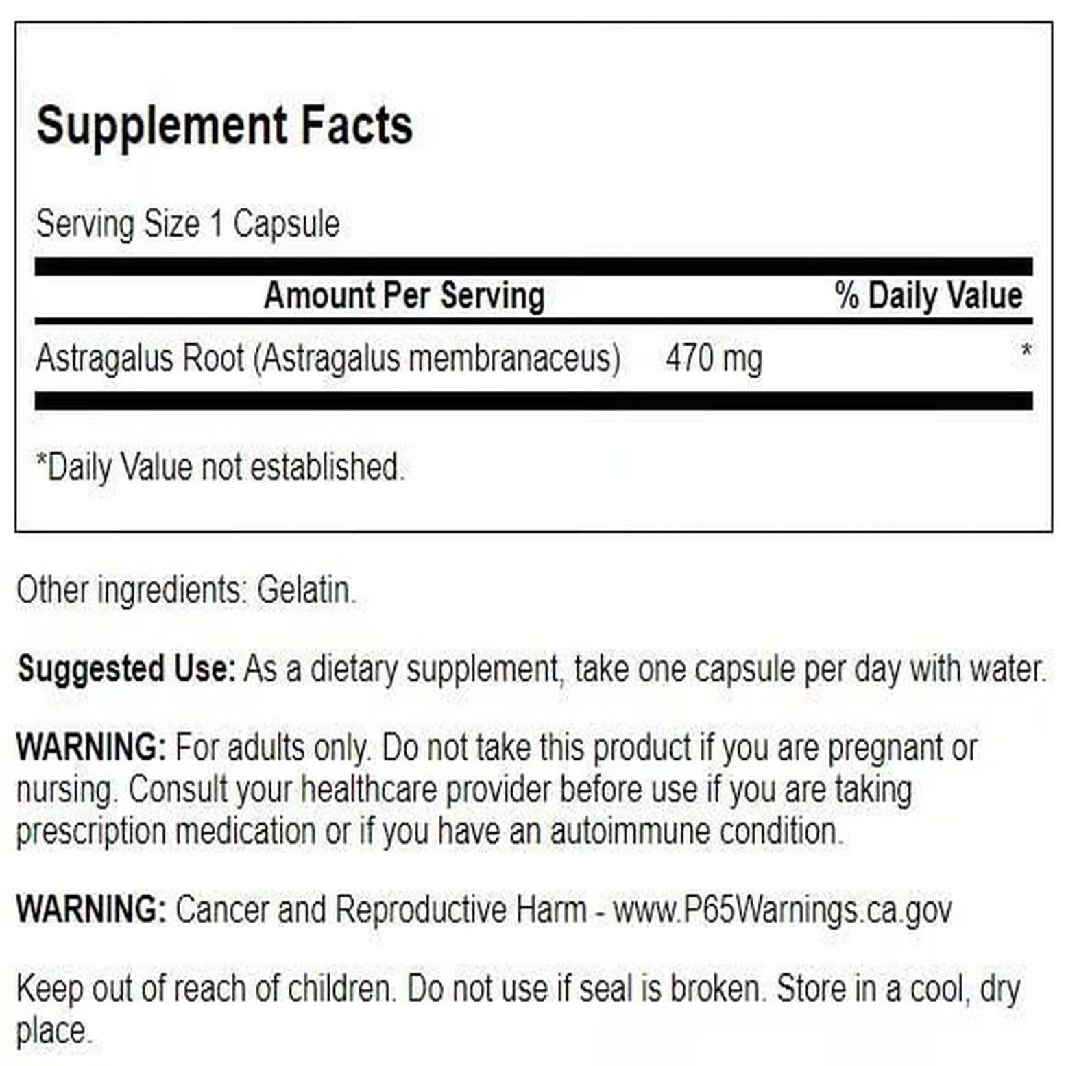 Swanson Full Spectrum Astragalus Root herbal supplement label facts and ingredients