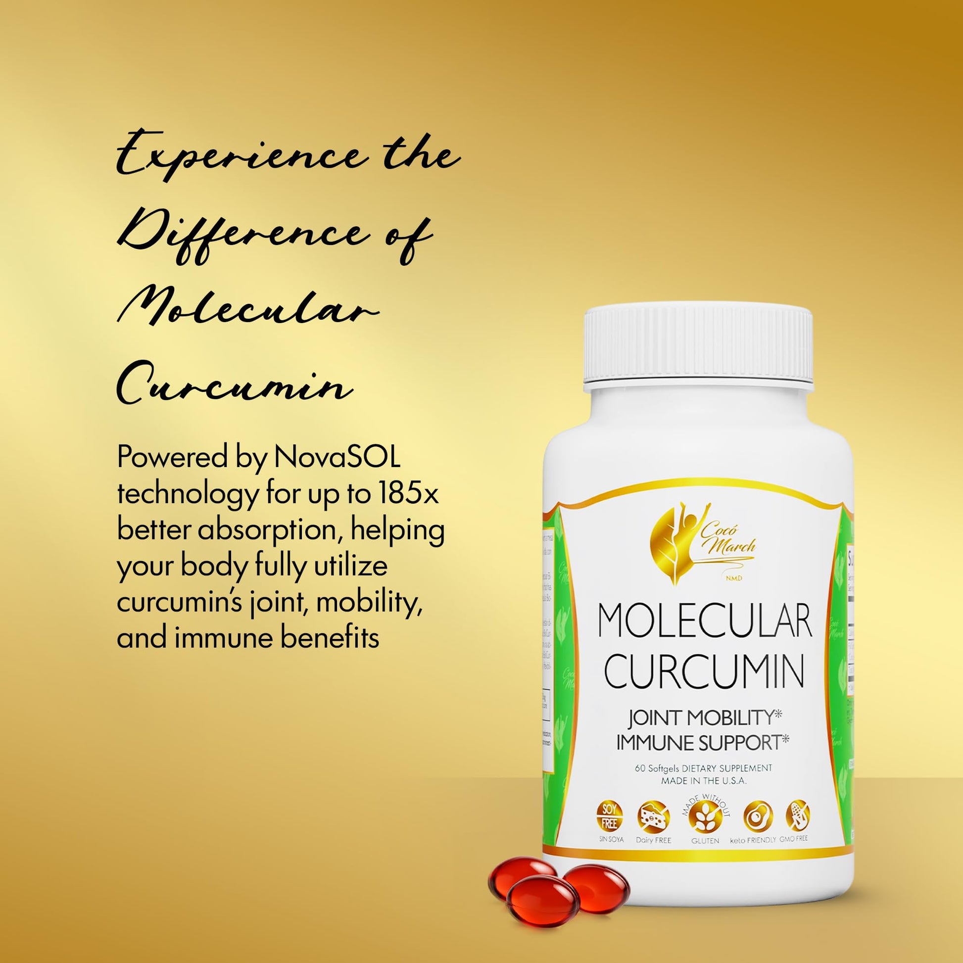 Side view of Coco March turmeric extract softgels bottle