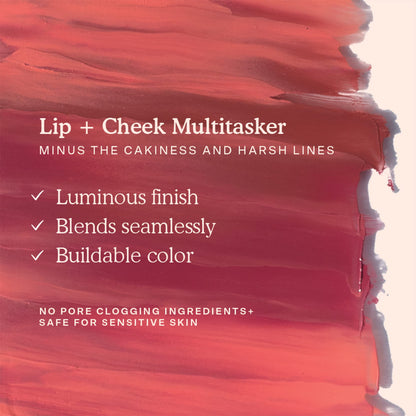 Tower 28 luminous tinted balm applied as a rosy nude cheek tint