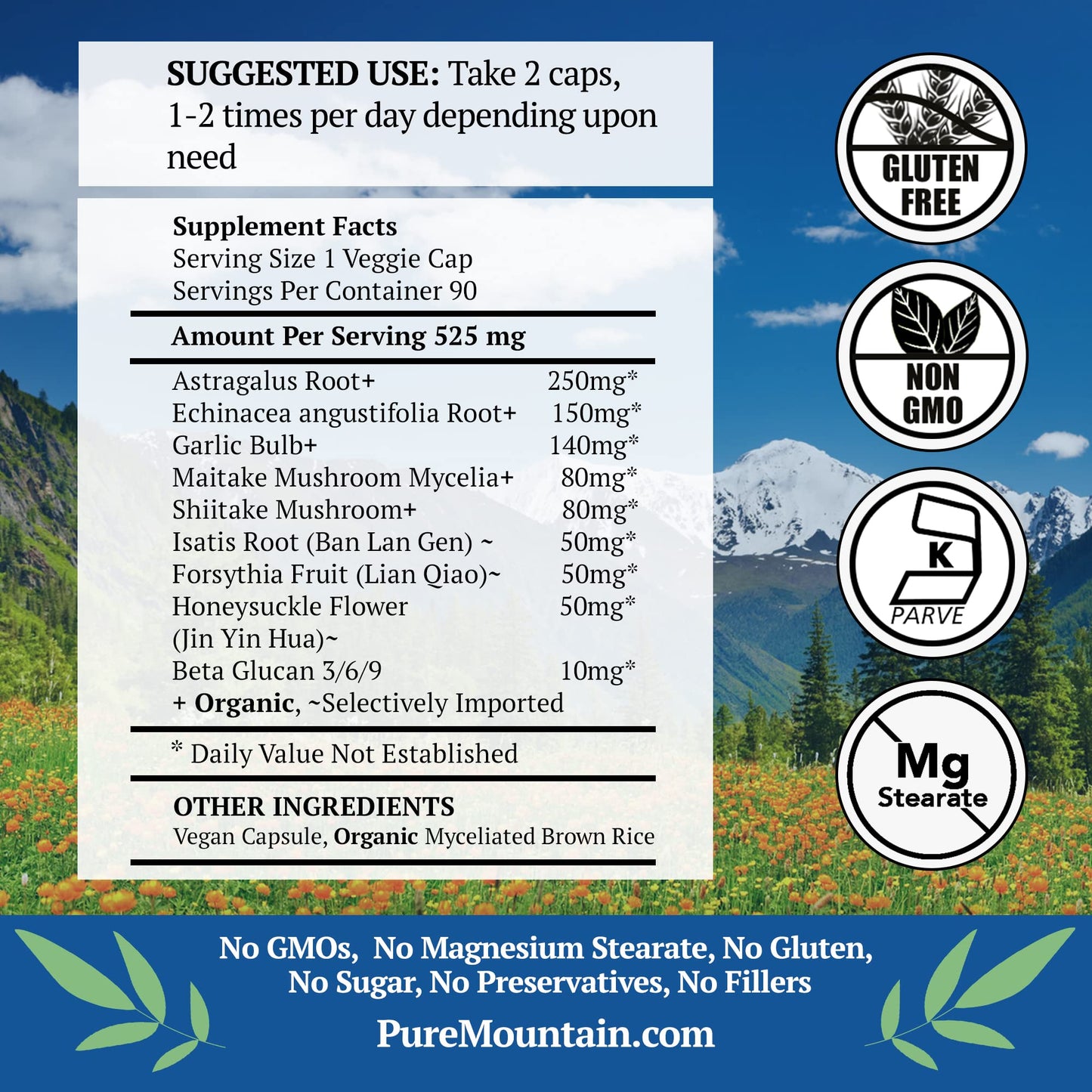 Pure Mountain Botanicals Immuno Well RX ninety vegetarian capsules side label showing ingredients