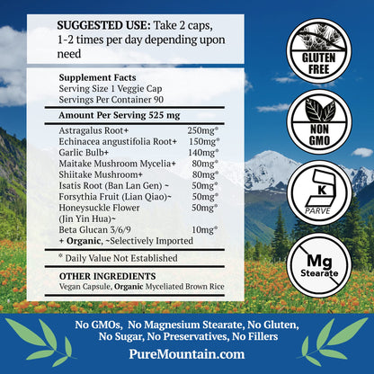 Pure Mountain Botanicals Immuno Well RX ninety vegetarian capsules side label showing ingredients