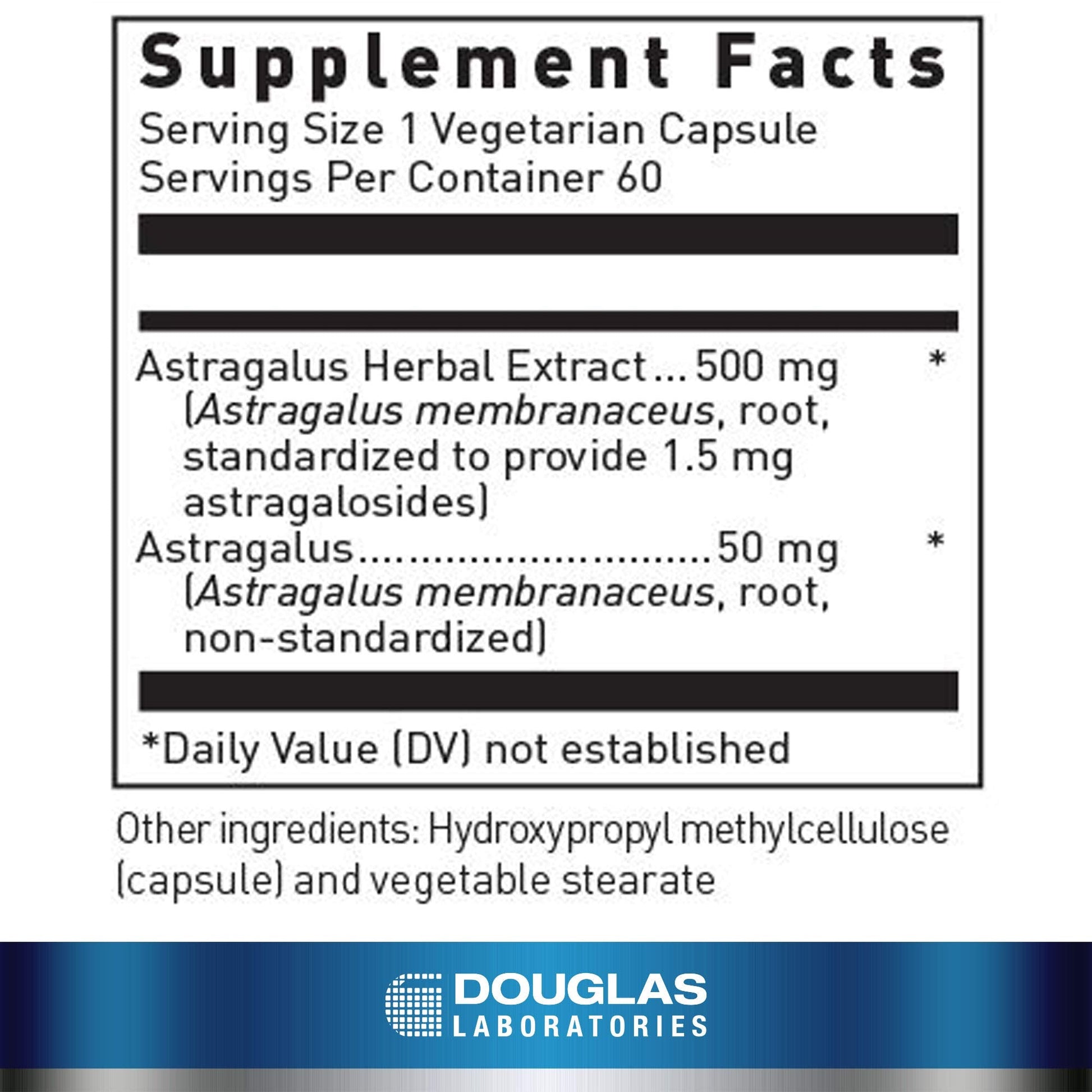 Douglas Laboratories Astragalus Max-V supplement facts panel showcasing 500 mg standardized extract