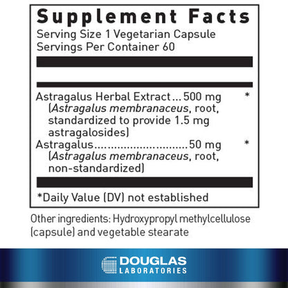 Douglas Laboratories Astragalus Max-V supplement facts panel showcasing 500 mg standardized extract