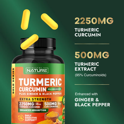 Side view of Built By Nature Turmeric Curcumin 90 capsules bottle