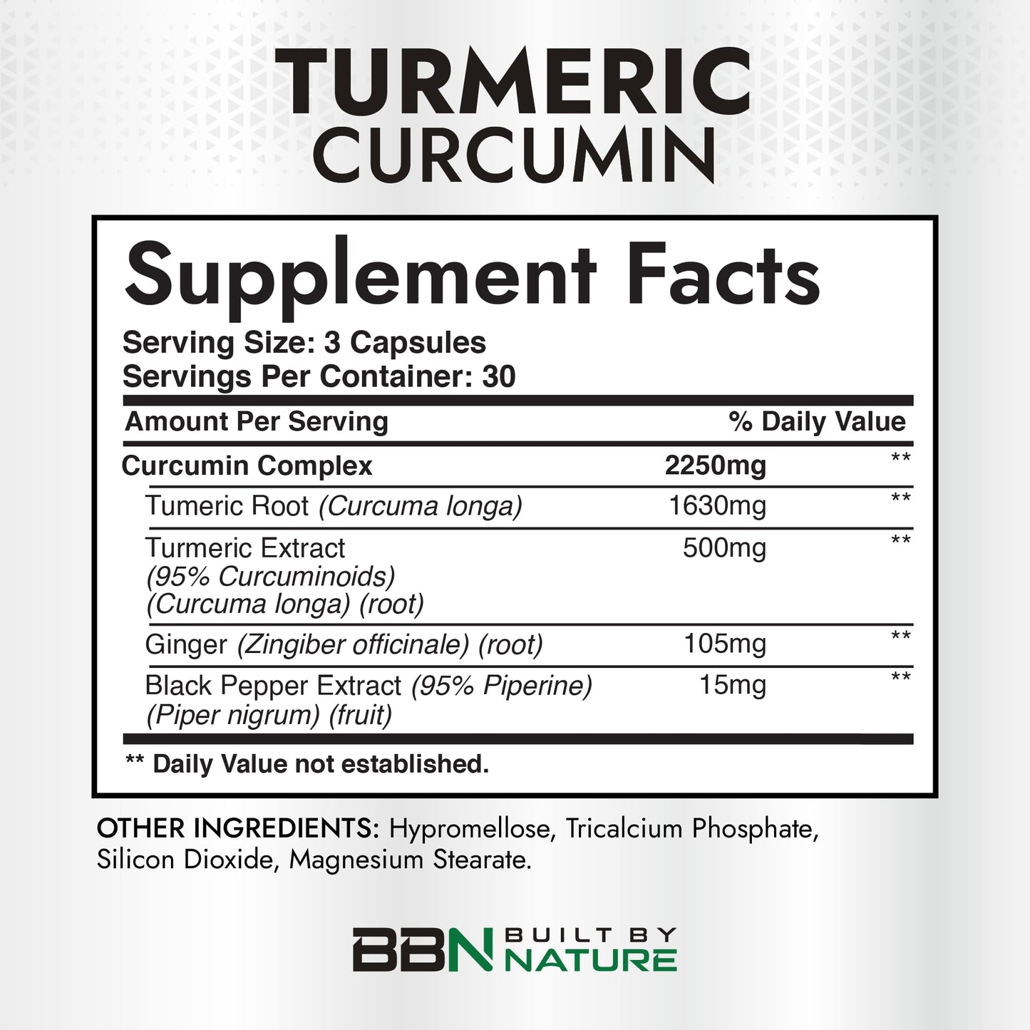 Supplement facts label on Built By Nature Turmeric Curcumin bottle