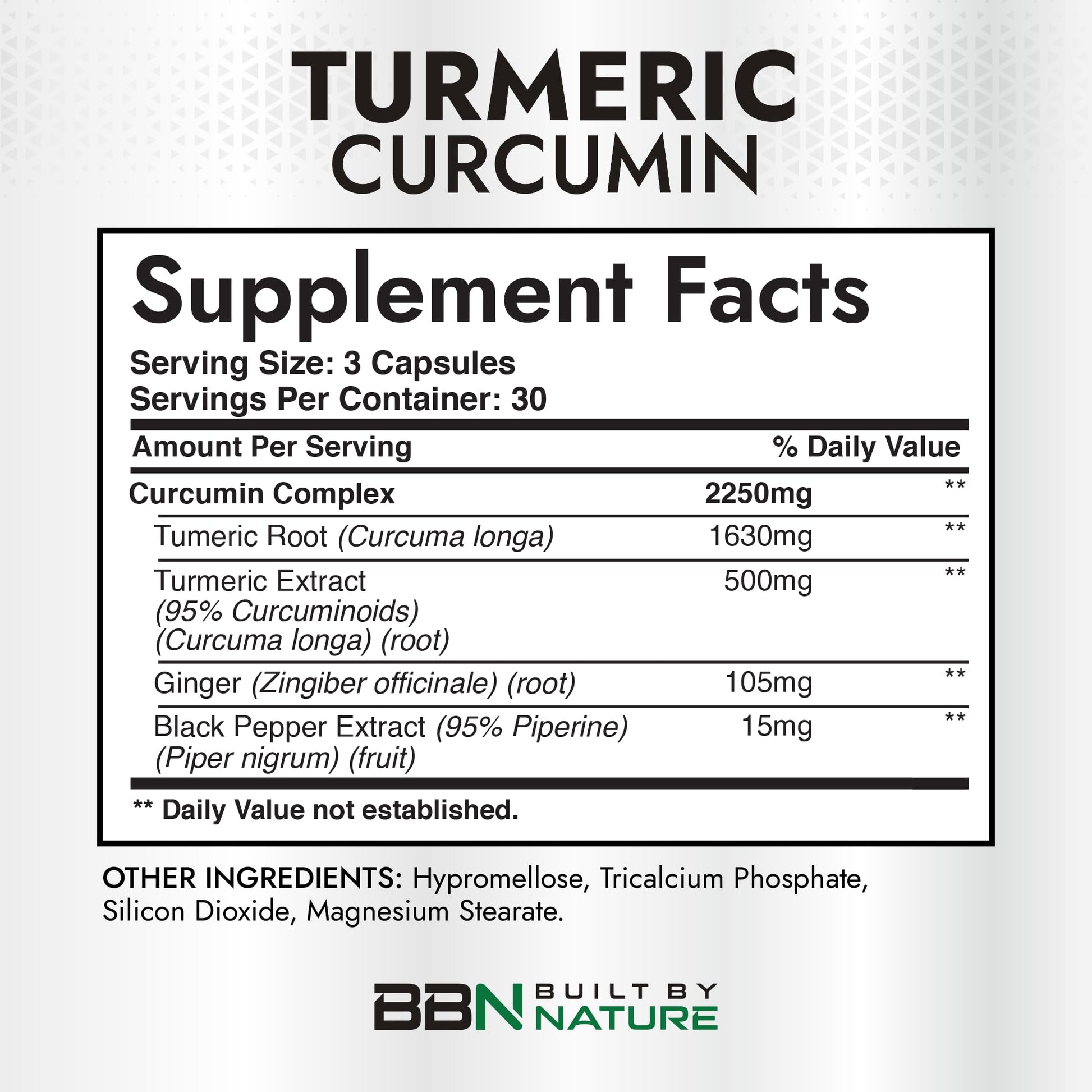 Supplement facts label on Built By Nature Turmeric Curcumin bottle