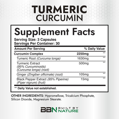 Supplement facts label on Built By Nature Turmeric Curcumin bottle