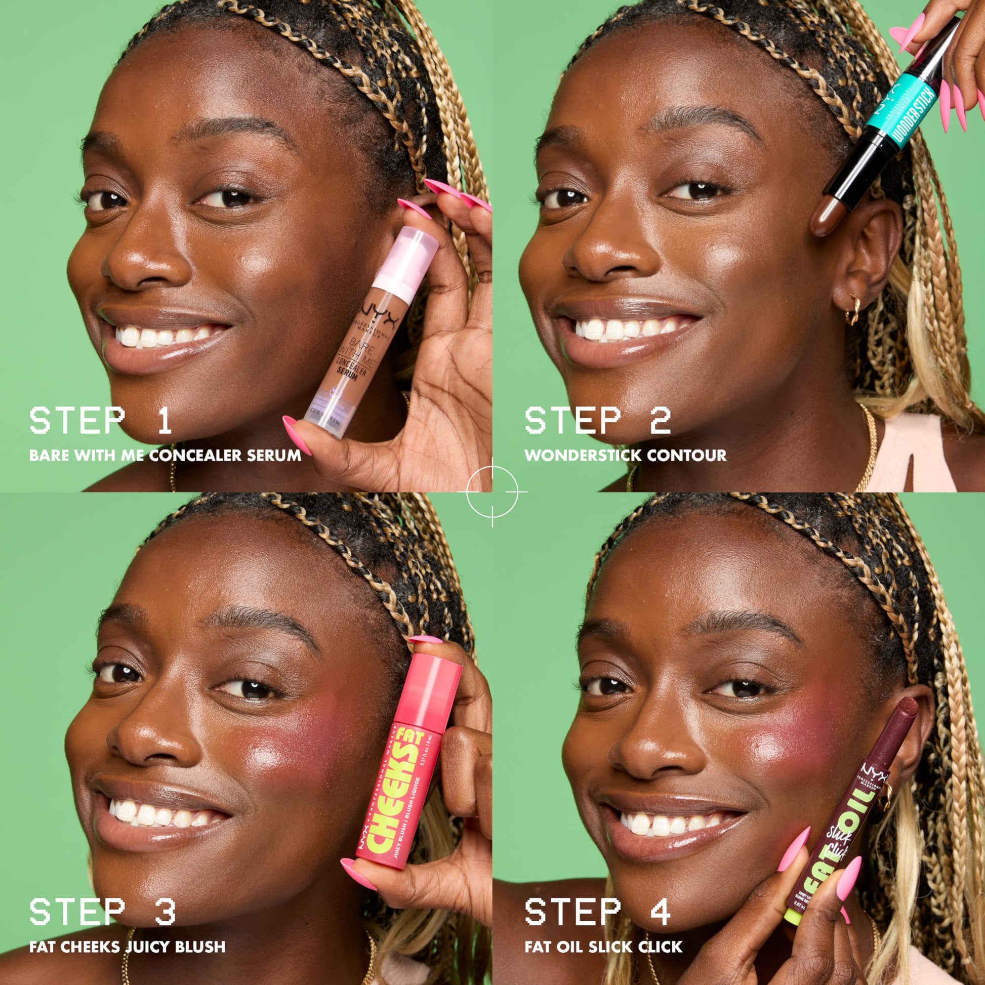 Demonstration of blending the dewy liquid formula on the cheekbones using fingertips