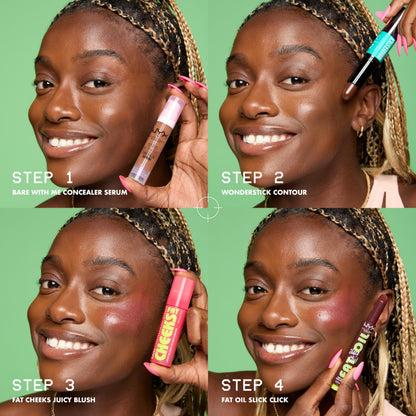 Demonstration of blending the dewy liquid formula on the cheekbones using fingertips