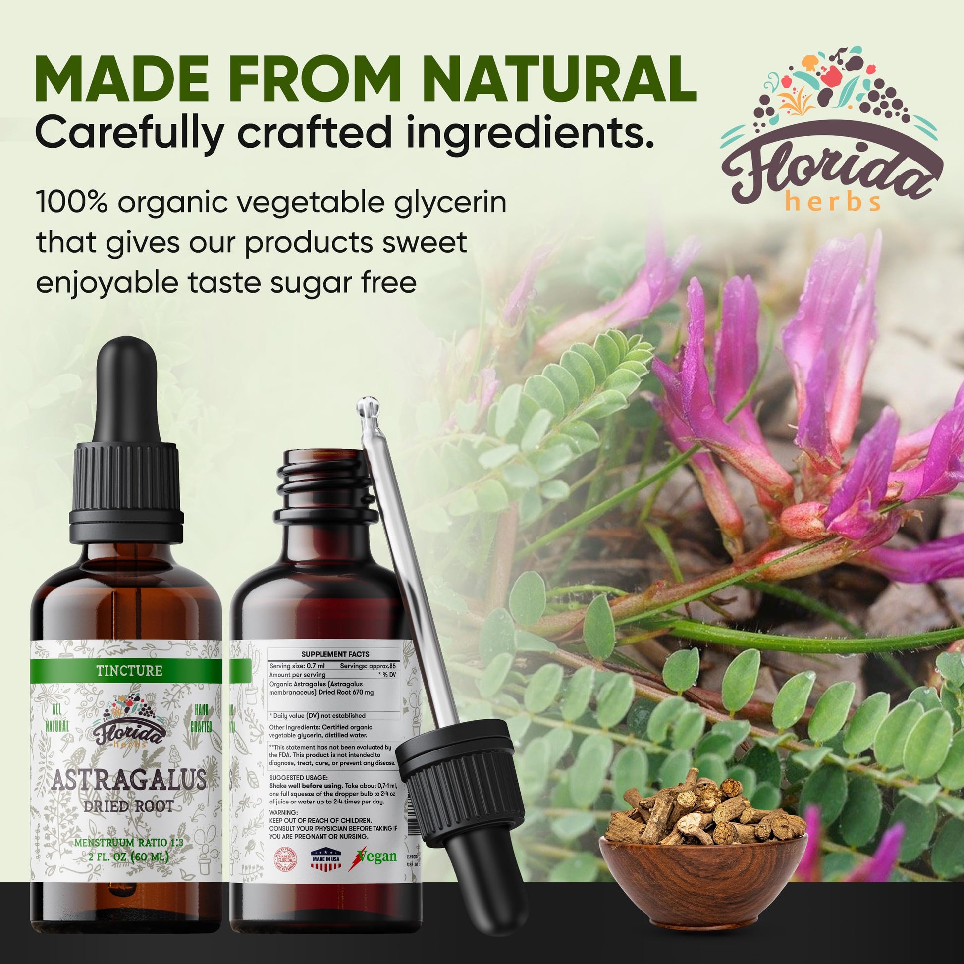USA imported Florida Herbs non GMO vegan dietary supplement packaging details and dosage instructions.