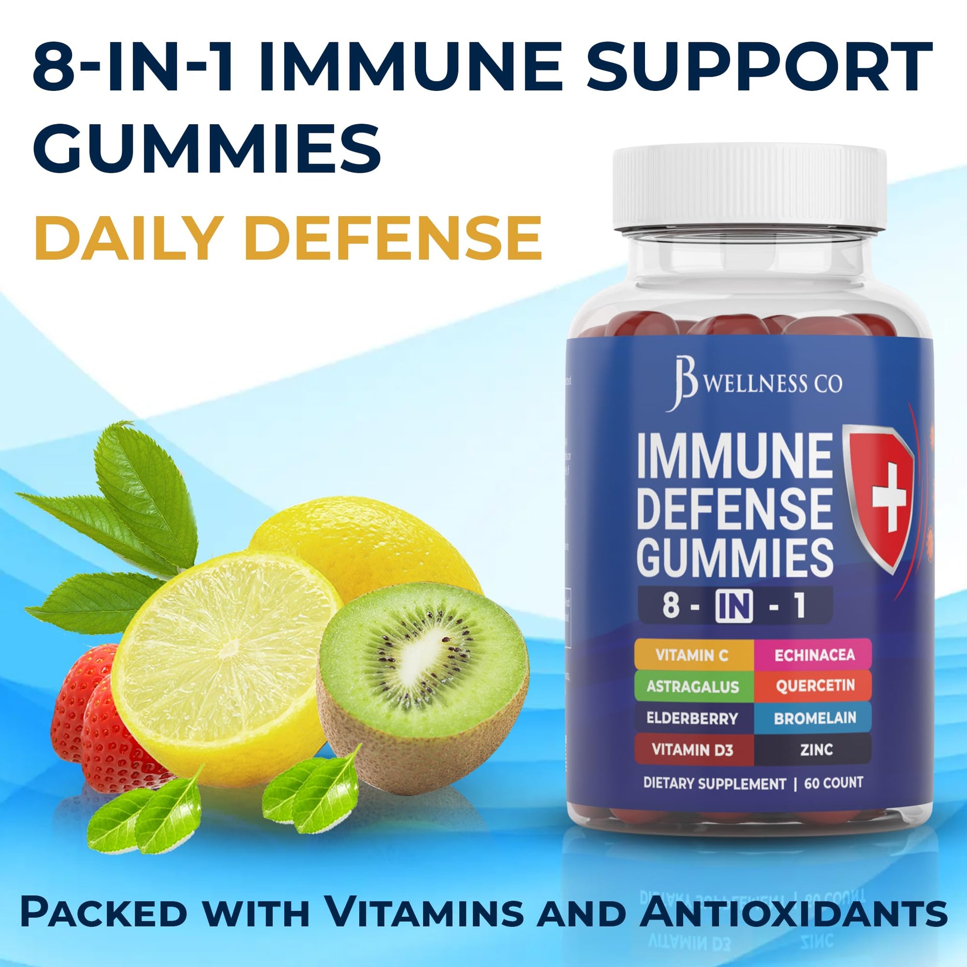 Close up of chewable wellness supplements displaying the 8-in-1 formula ingredients label on the back of the bottle