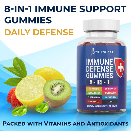 Close up of chewable wellness supplements displaying the 8-in-1 formula ingredients label on the back of the bottle