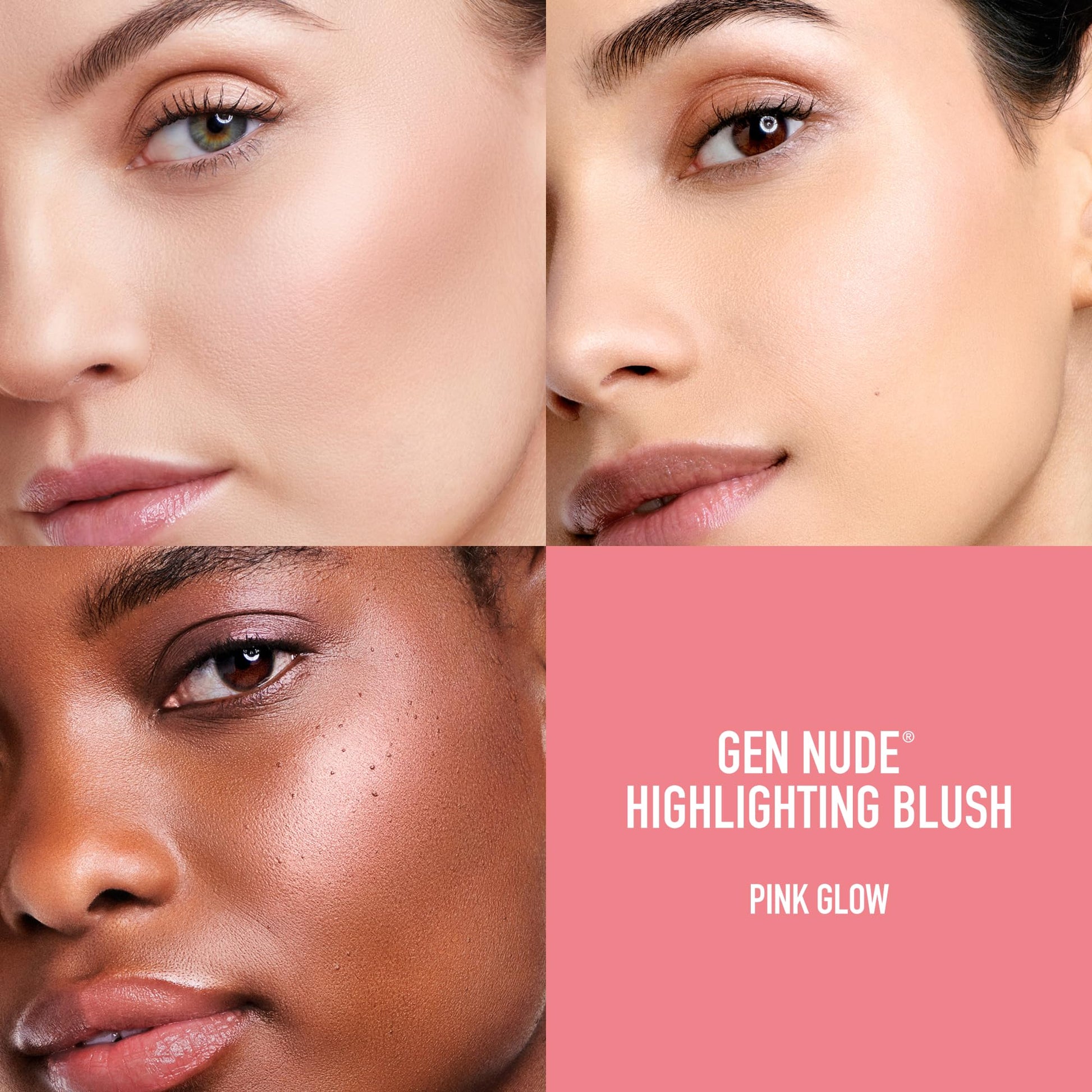BareMinerals luminous pink highlighting blush applied on model cheekbones