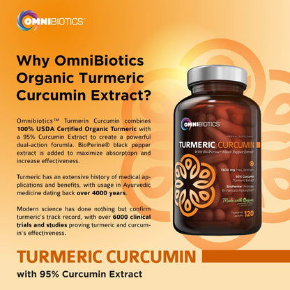 Side view of OmniBiotics Organic Turmeric Curcumin USA imported packaging