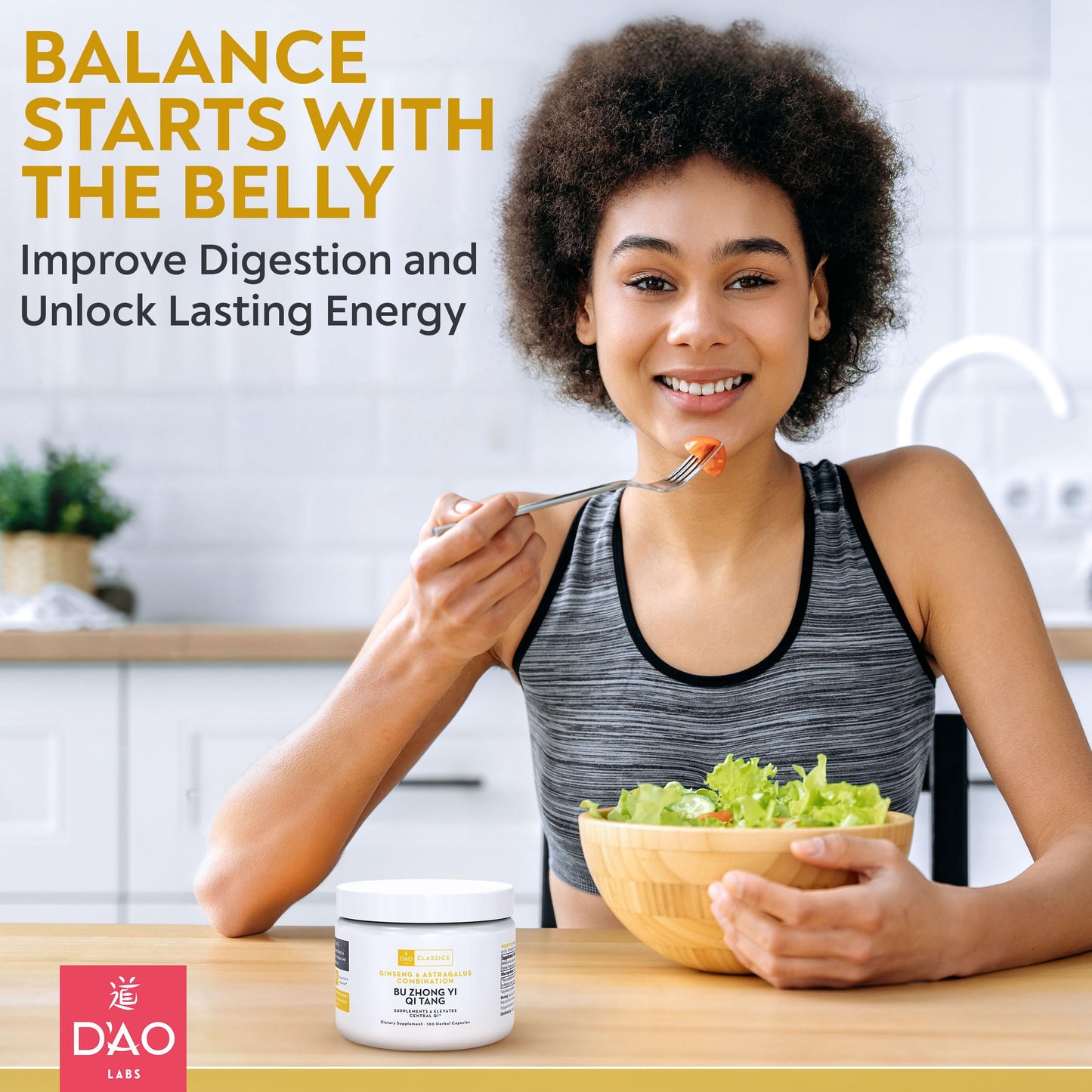 Premium imported DAO Labs energy and spleen tonifying herbal supplement bottle close up