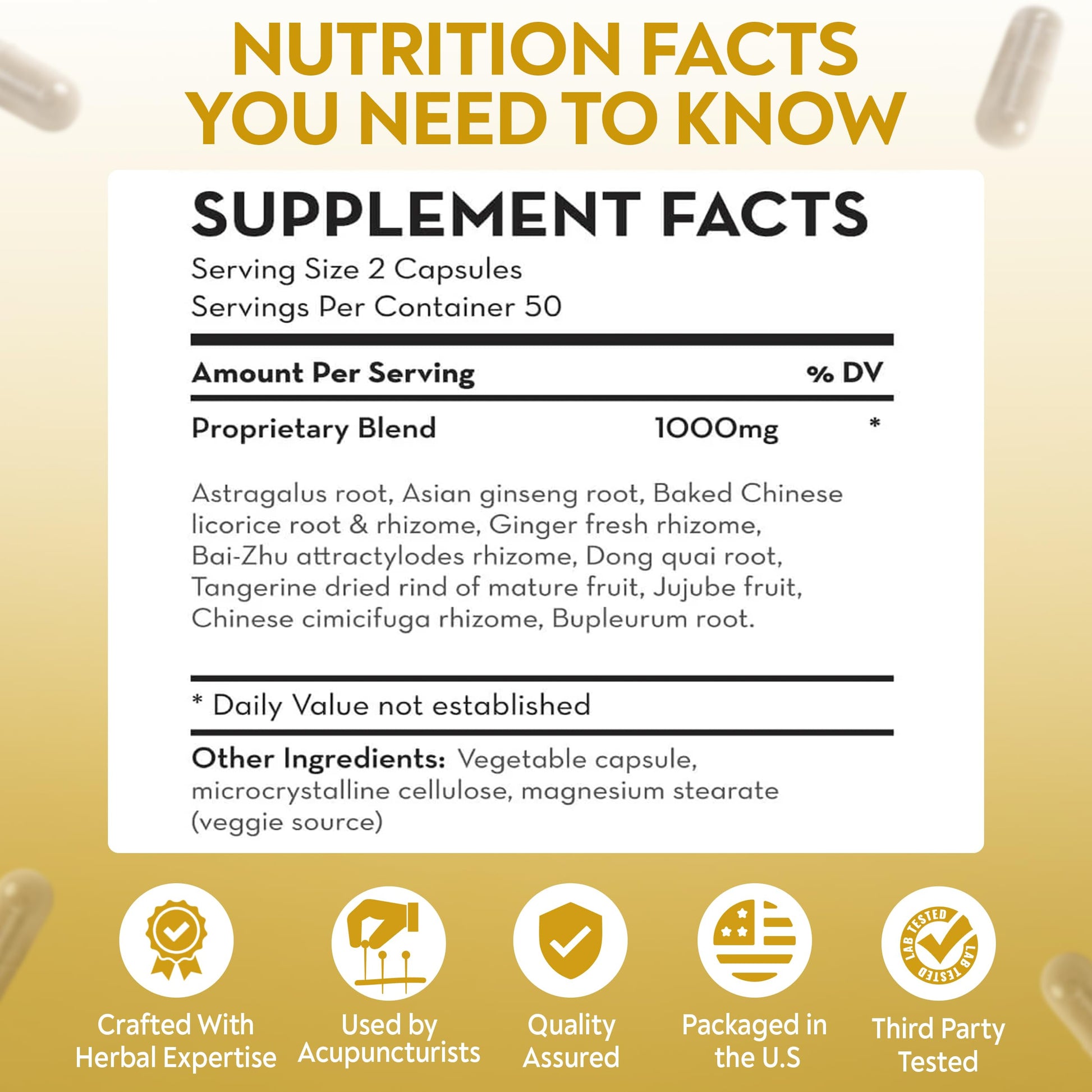 DAO Labs Bu Zhong Yi Qi Tang dietary supplement capsule count and purity verification details