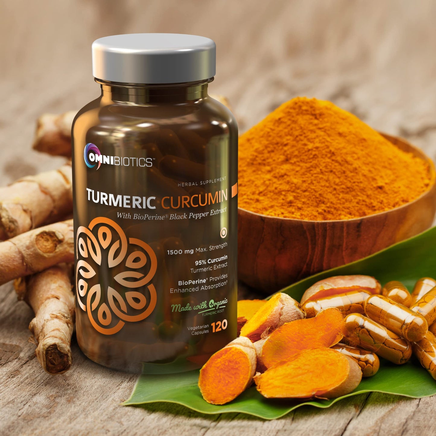 OmniBiotics Organic Turmeric Curcumin bottle with BioPerine branding