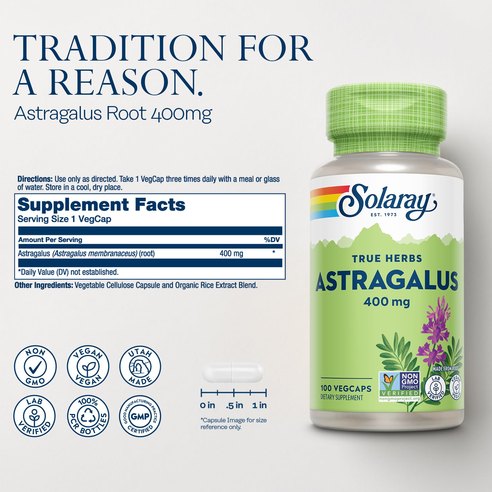 Solaray Astragalus Root 100 vegetarian capsules packaging side showing supplement facts