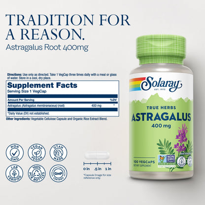 Solaray Astragalus Root 100 vegetarian capsules packaging side showing supplement facts
