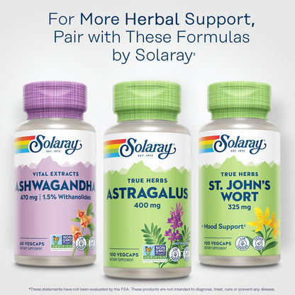 Authentic Solaray Astragalus Root 100 count dietary supplement directions label