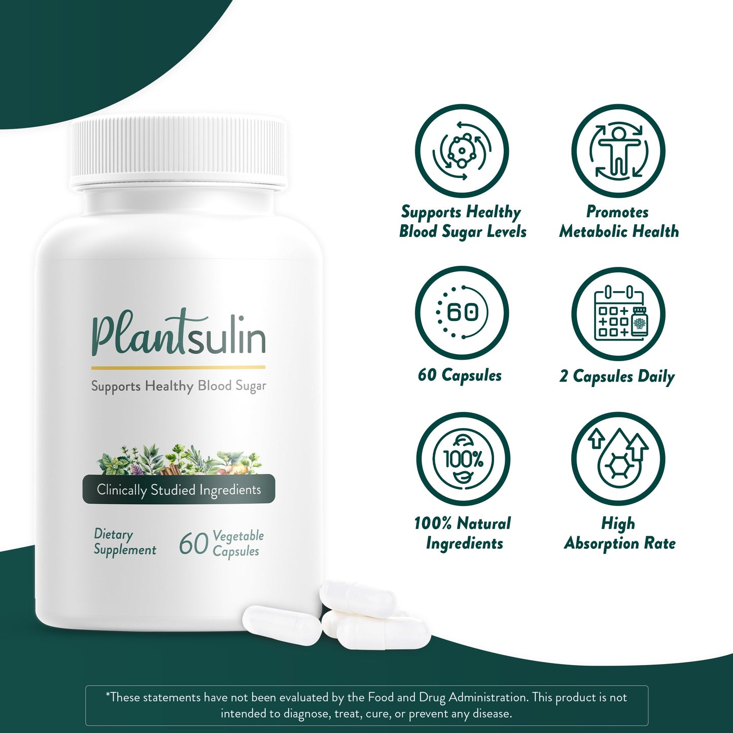 Plantsulin Advanced Capsules dietary supplement bottle displaying eleven plant extracts label