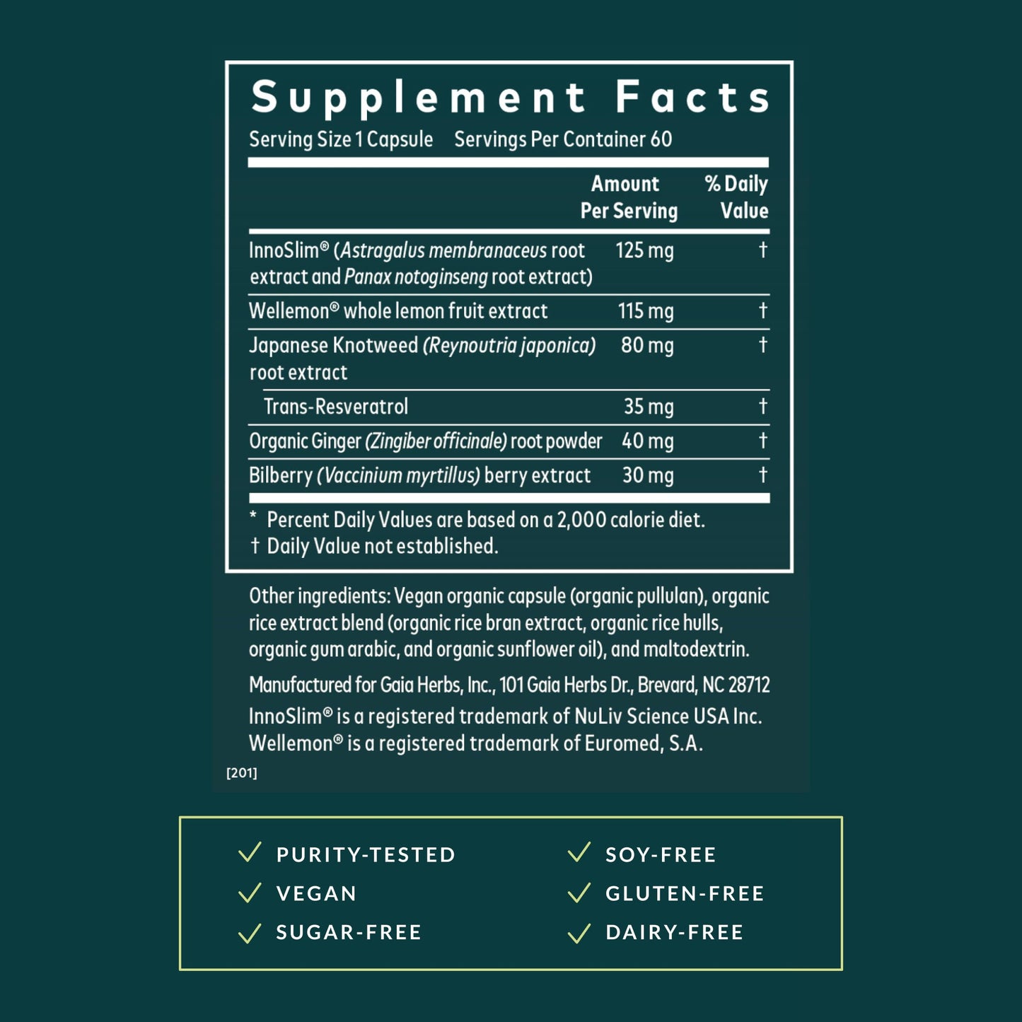 Side view of Gaia Herbs natural energy supplement highlighting clean vegan ingredients.